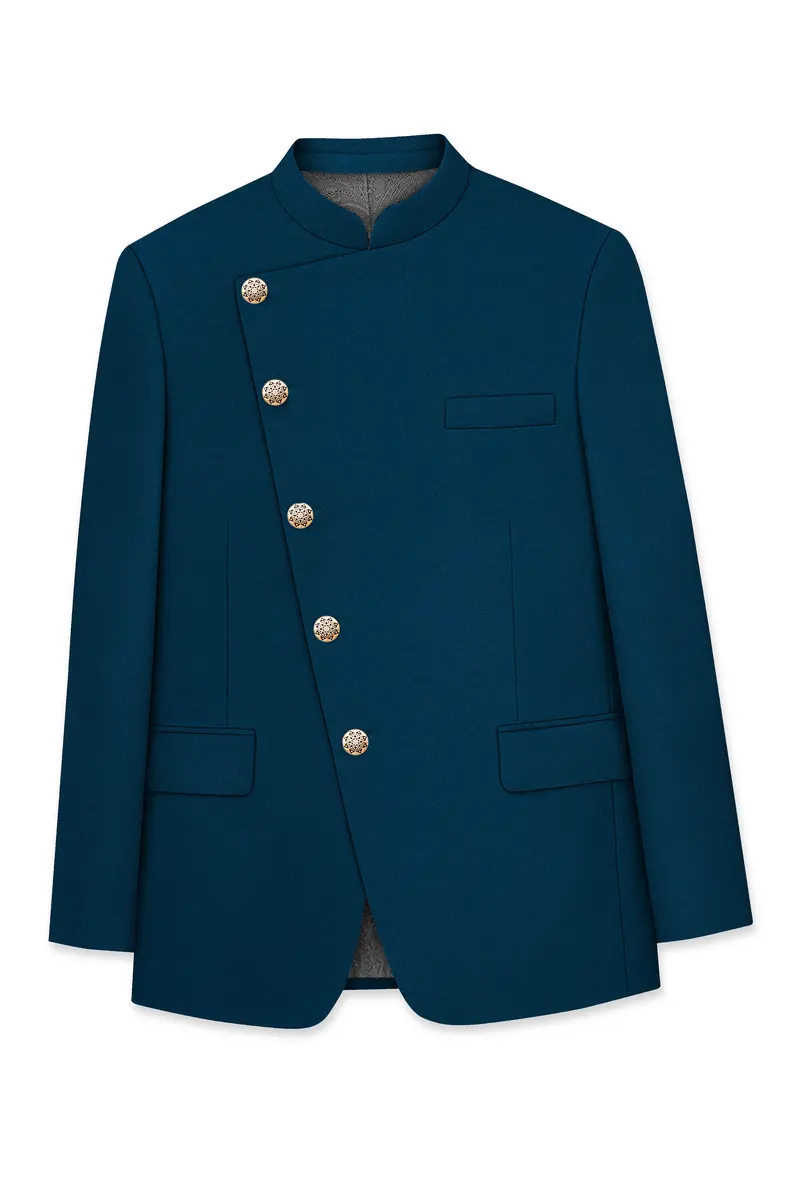 Aureblu-Korean Prussian Blue 4-Way Stretch Wrinkle-Free Wool Rich Cross Placket Bandhgala Suit 7
