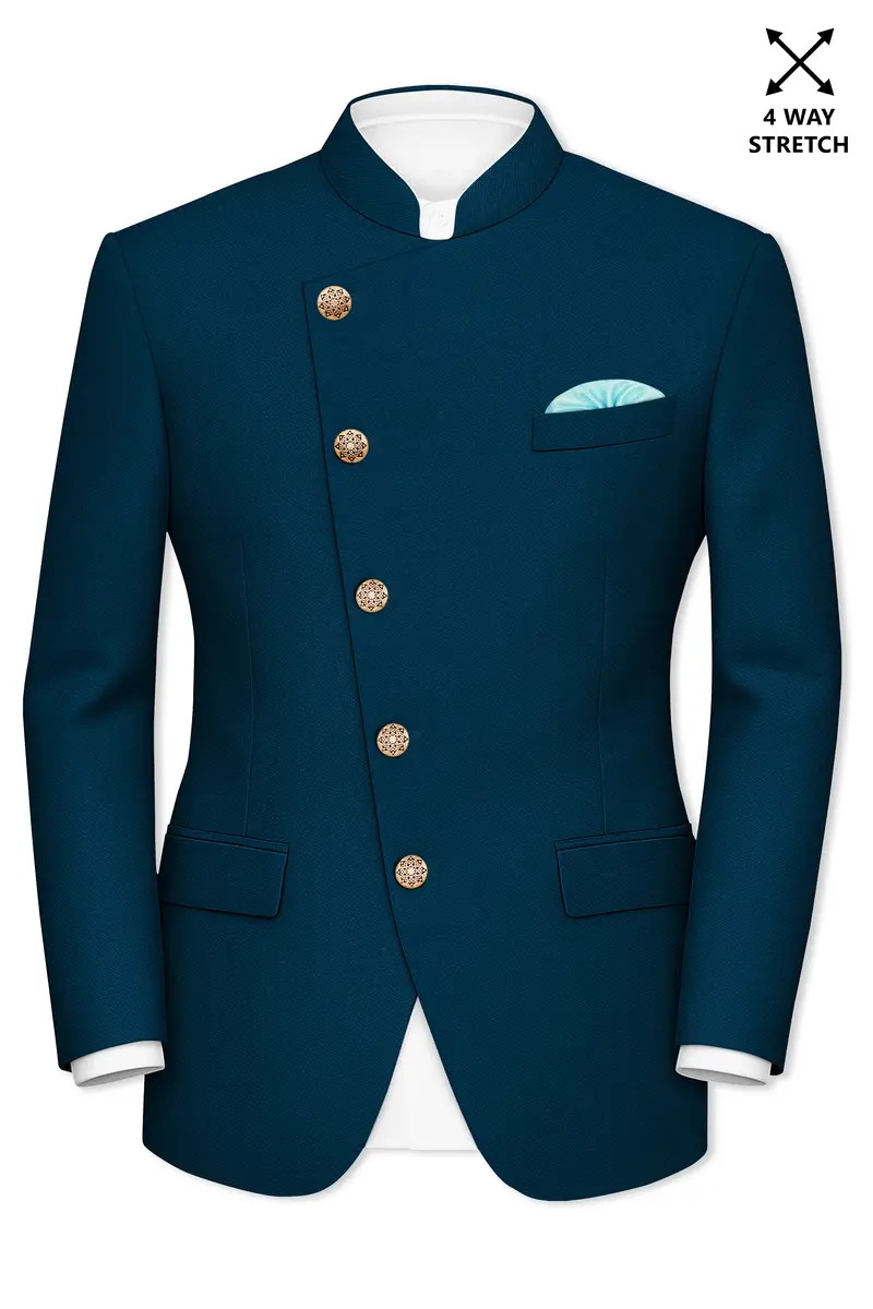 Aureblu-Korean Prussian Blue 4-Way Stretch Wrinkle-Free Wool Rich Cross Placket Bandhgala Suit 9