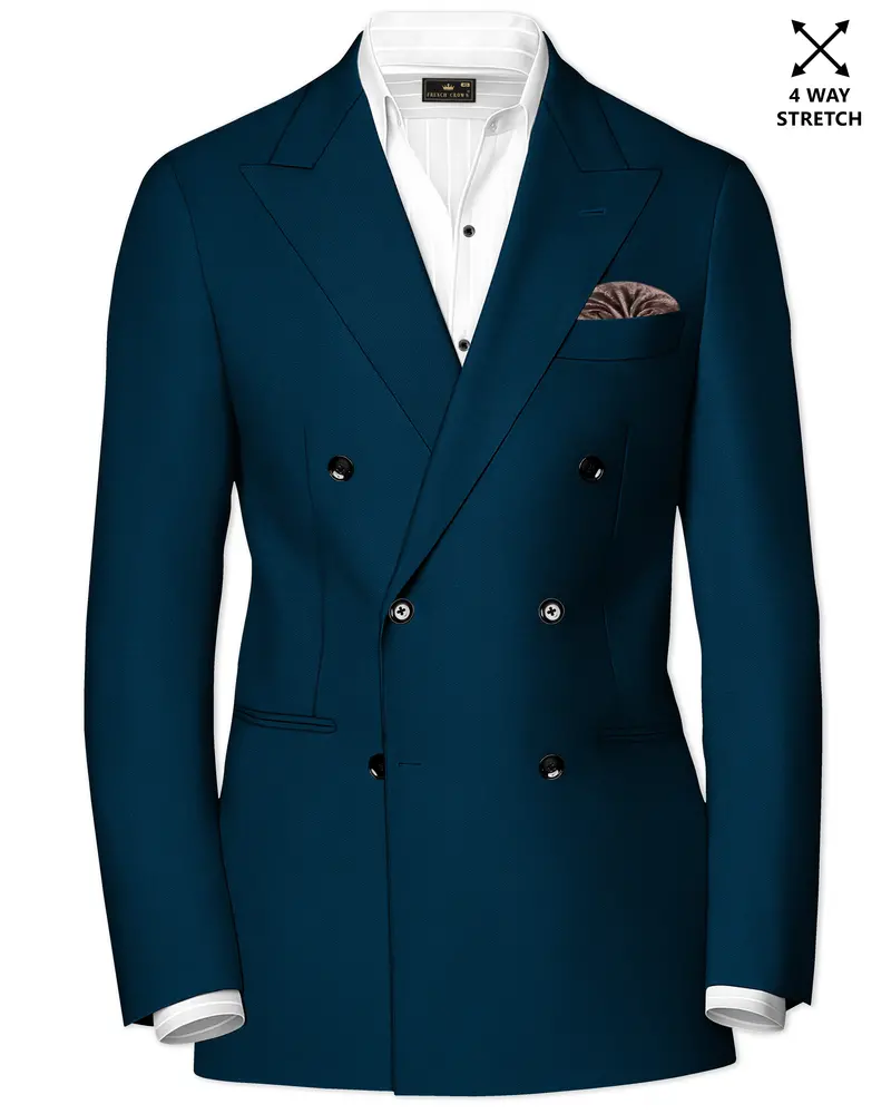 Aureblu-Korean Prussian Blue 4-Way Stretch Wrinkle-Free Wool Rich Double Breasted Blazer 1