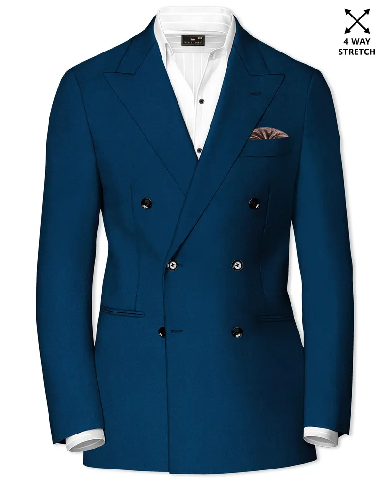 Aureblu-Korean Prussian Blue 4-Way Stretch Wrinkle-Free Wool Rich Double Breasted Blazer 1