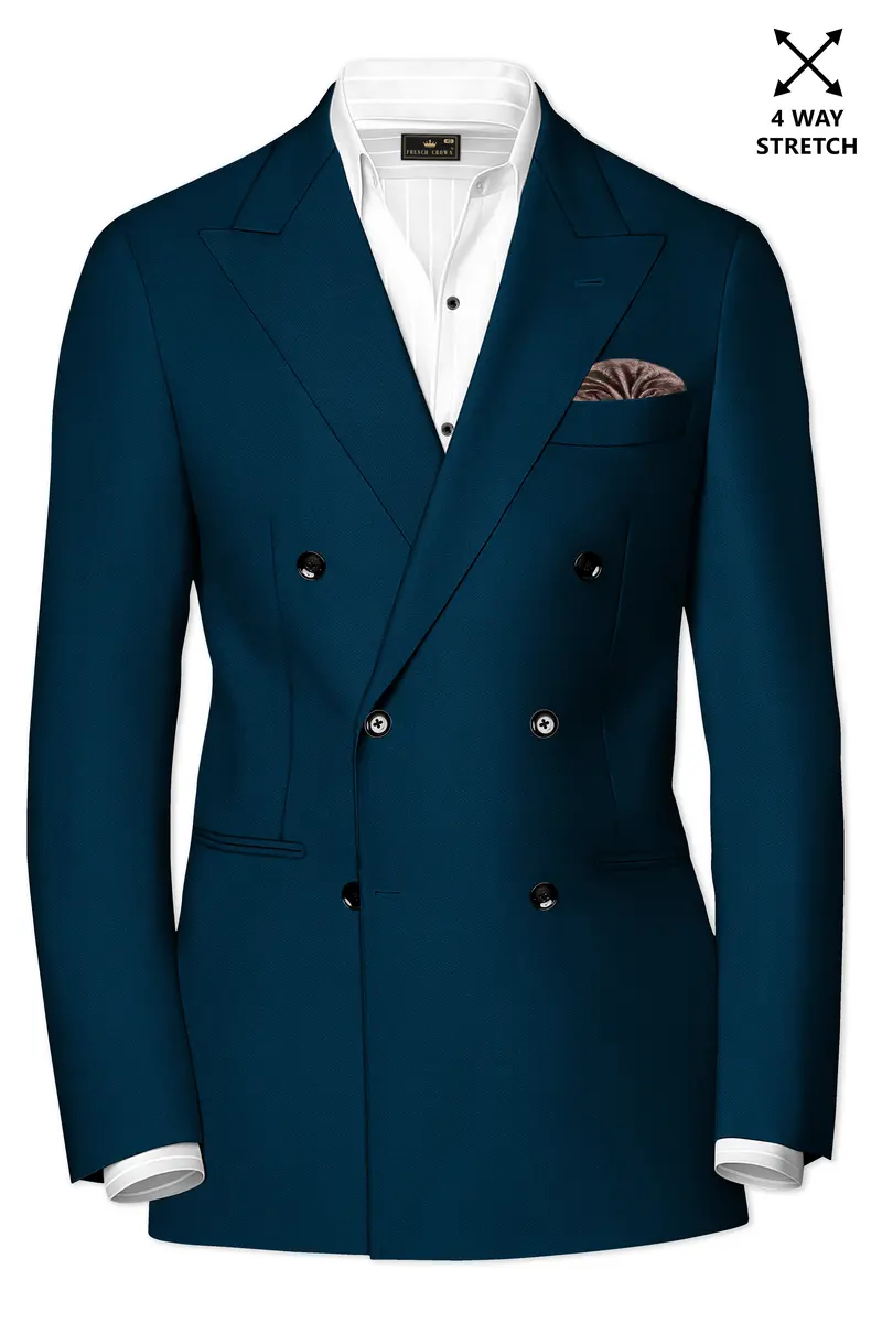 Aureblu-Korean Prussian Blue 4-Way Stretch Wrinkle-Free Wool Rich Double Breasted Blazer 2