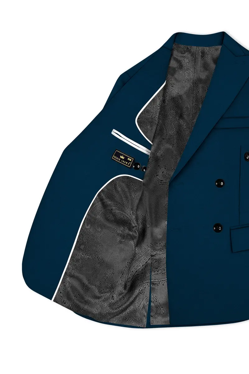 Aureblu-Korean Prussian Blue 4-Way Stretch Wrinkle-Free Wool Rich Double Breasted Blazer 5