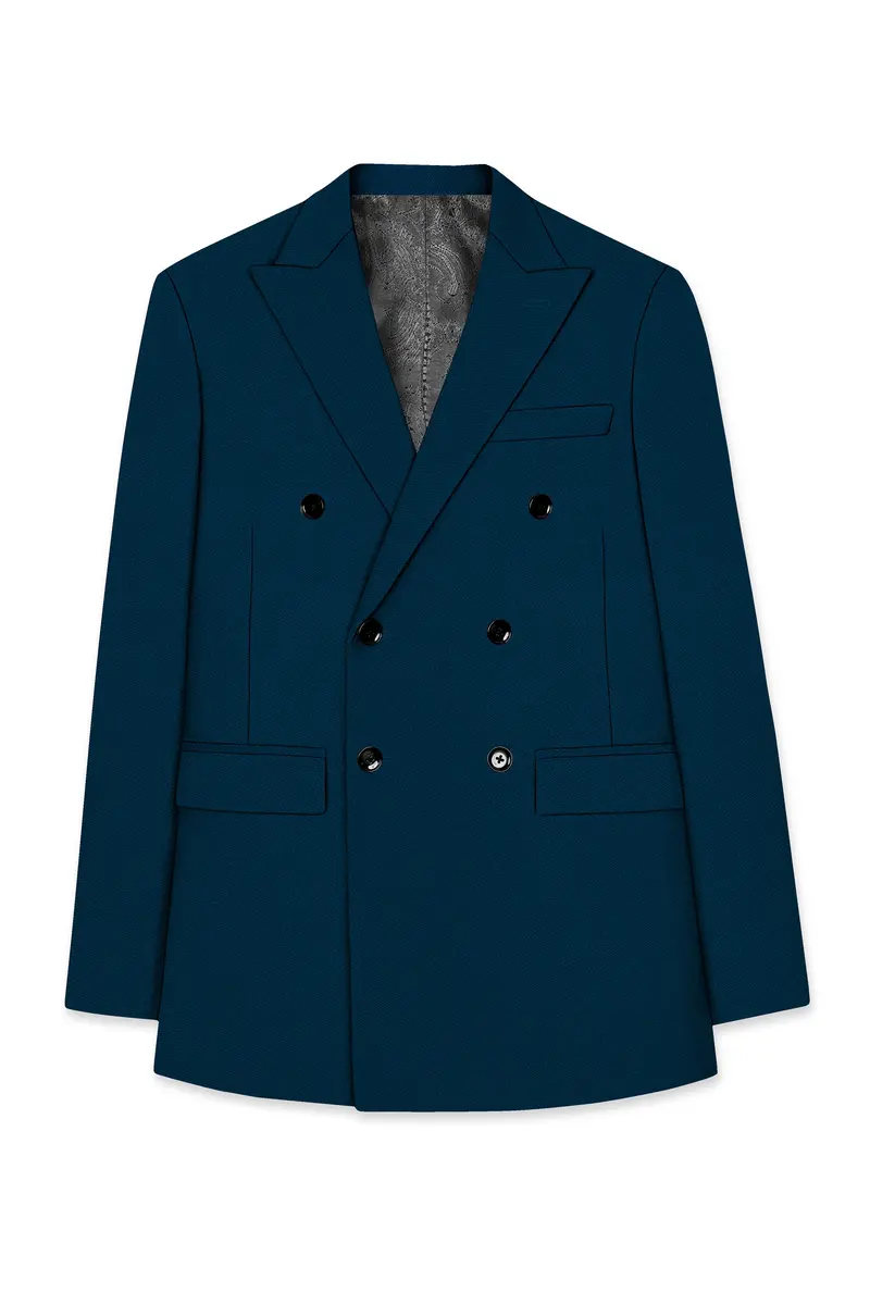 Aureblu-Korean Prussian Blue 4-Way Stretch Wrinkle-Free Wool Rich Double Breasted Blazer 7