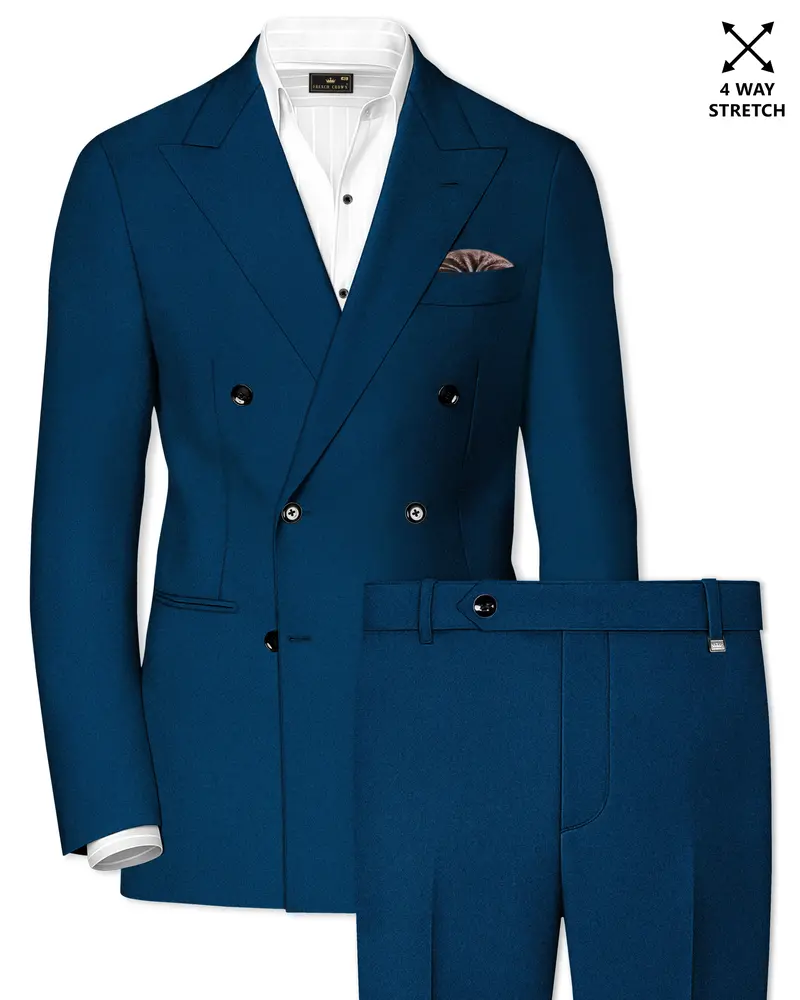 Aureblu-Korean Prussian Blue 4-Way Stretch Wrinkle-Free Wool Rich Double Breasted Suit 1