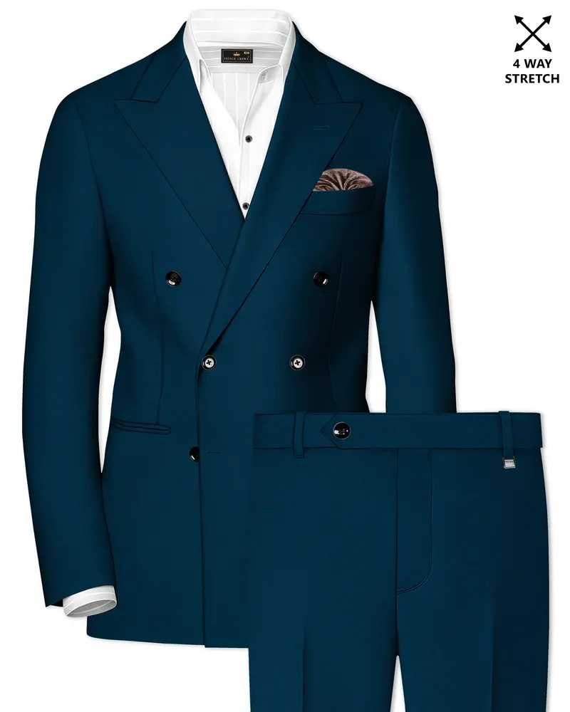 Aureblu-Korean Prussian Blue 4-Way Stretch Wrinkle-Free Wool Rich Double Breasted Suit 1