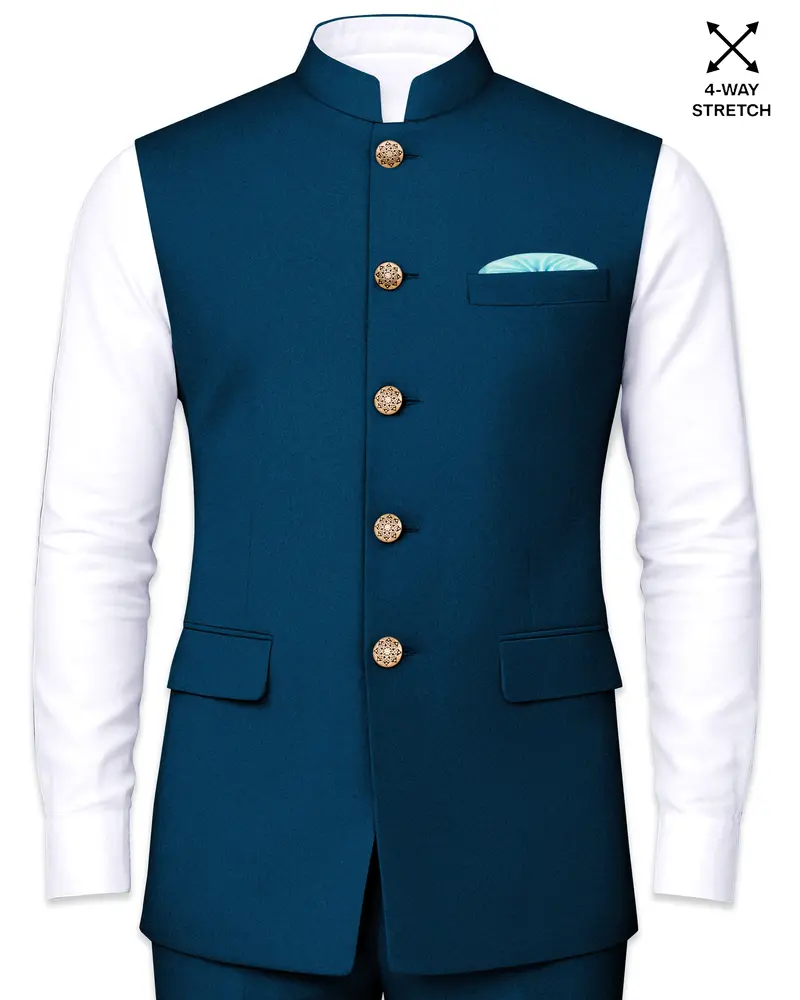 Aureblu-Korean Prussian Blue 4-Way Stretch Wrinkle-Free Wool Rich Nehru Jacket 1