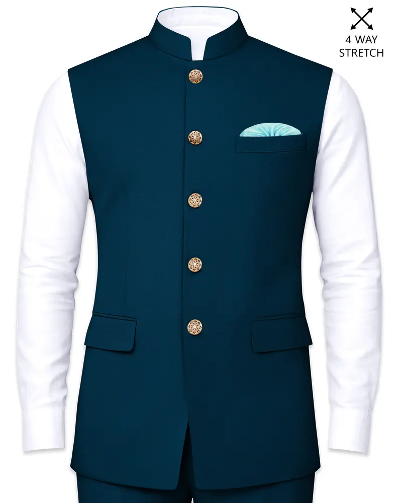 Aureblu-Korean Prussian Blue 4-Way Stretch Wrinkle-Free Wool Rich Nehru Jacket 1