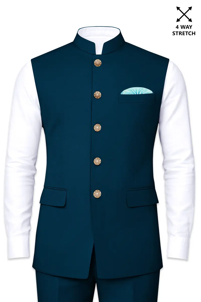 Aureblu-Korean Prussian Blue 4-Way Stretch Wrinkle-Free Wool Rich Nehru Jacket 2