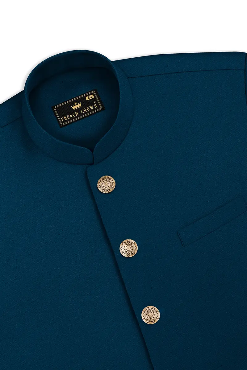 Aureblu-Korean Prussian Blue 4-Way Stretch Wrinkle-Free Wool Rich Nehru Jacket 5