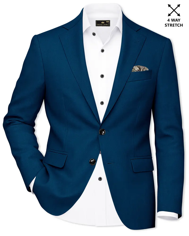 Aureblu-Korean Prussian Blue 4-Way Stretch Wrinkle-Free Wool Rich Single Breasted Blazer 1