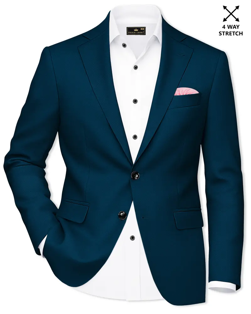 Aureblu-Korean Prussian Blue 4-Way Stretch Wrinkle-Free Wool Rich Single Breasted Blazer 1