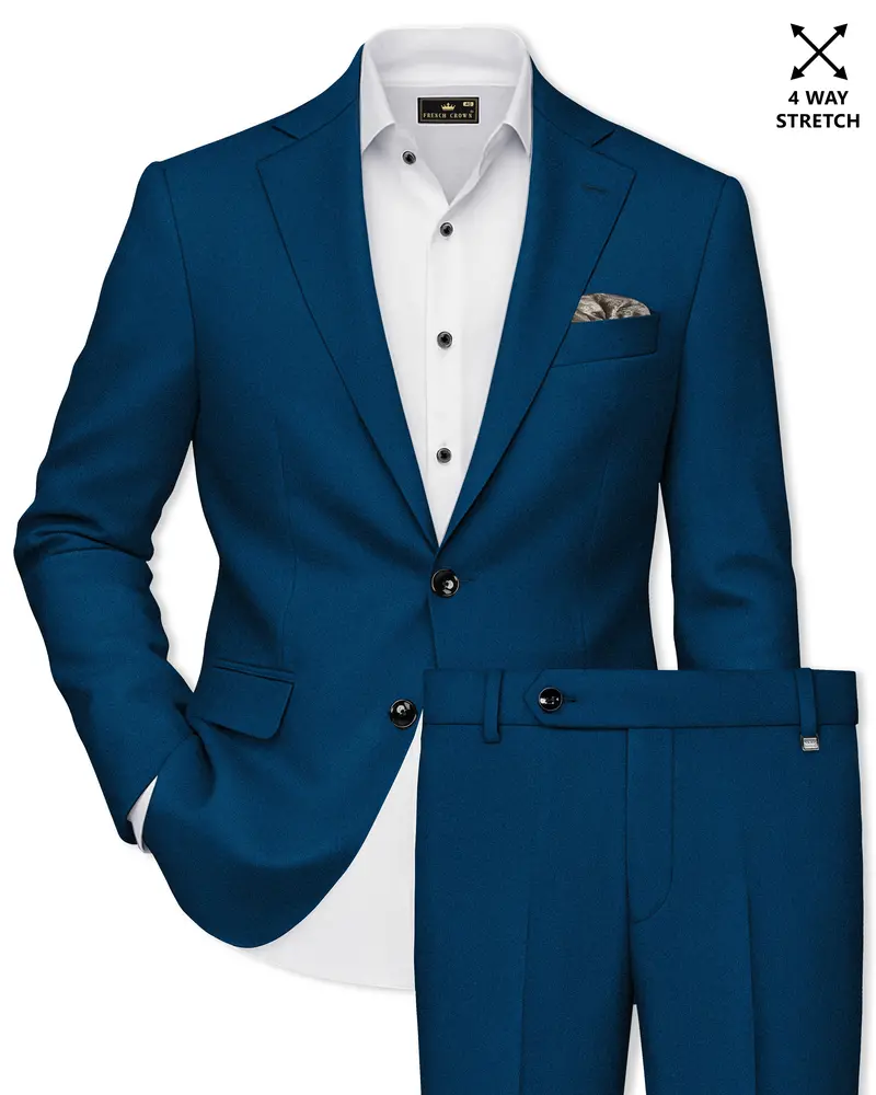 Aureblu-Korean Prussian Blue 4-Way Stretch Wrinkle-Free Wool Rich Single Breasted Suit 1
