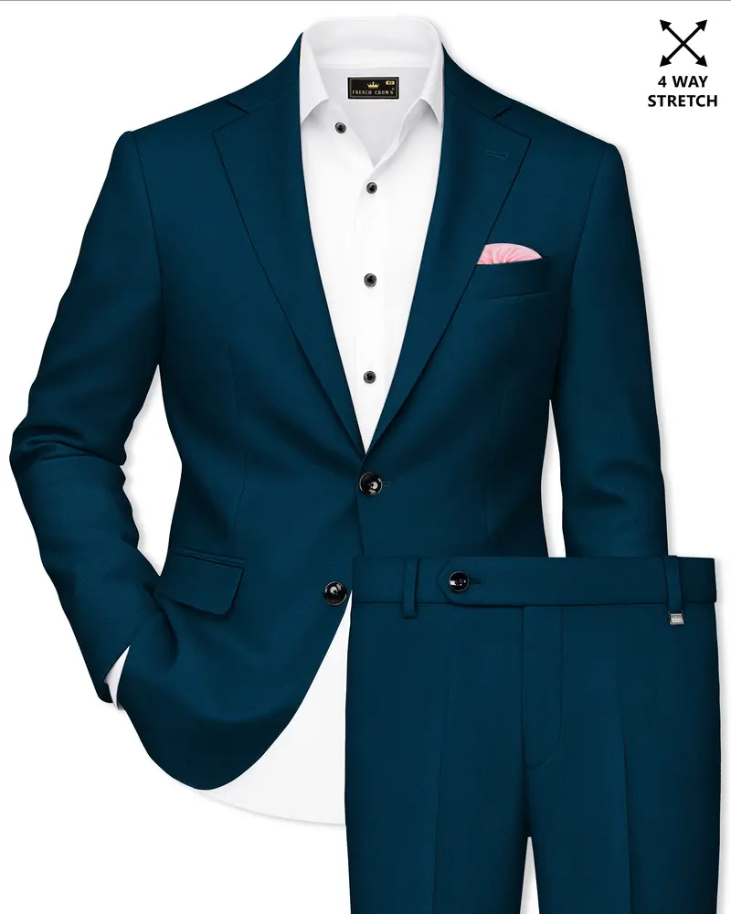 Aureblu-Korean Prussian Blue 4-Way Stretch Wrinkle-Free Wool Rich Single Breasted Suit 1