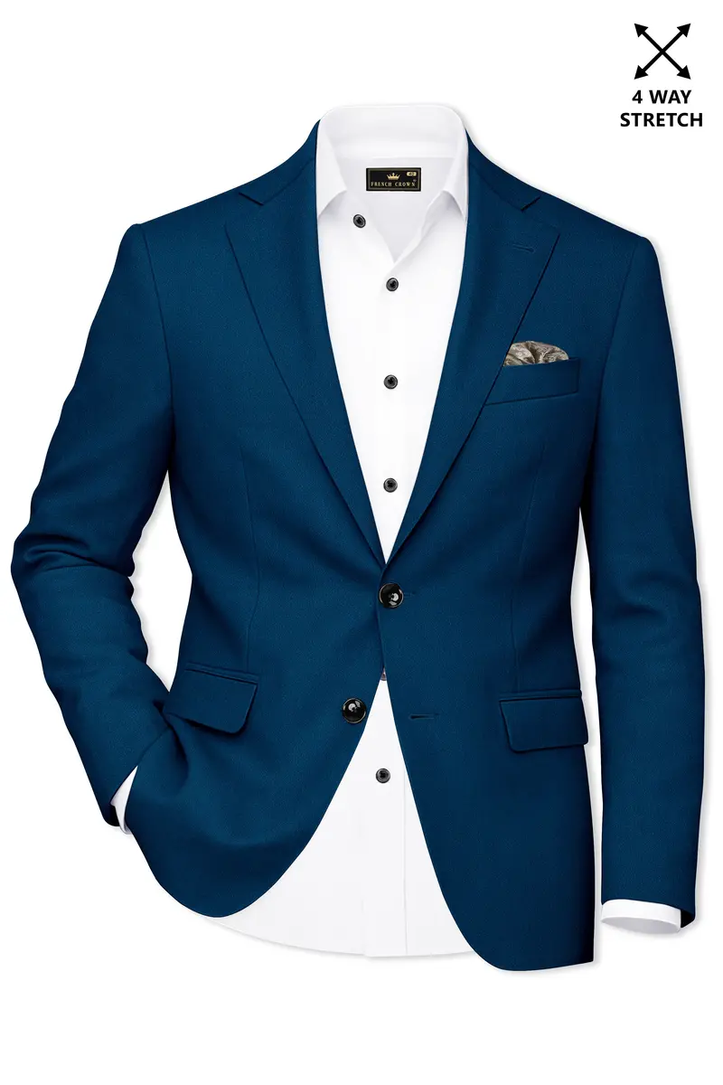Aureblu-Korean Prussian Blue 4-Way Stretch Wrinkle-Free Wool Rich Single Breasted Suit 10