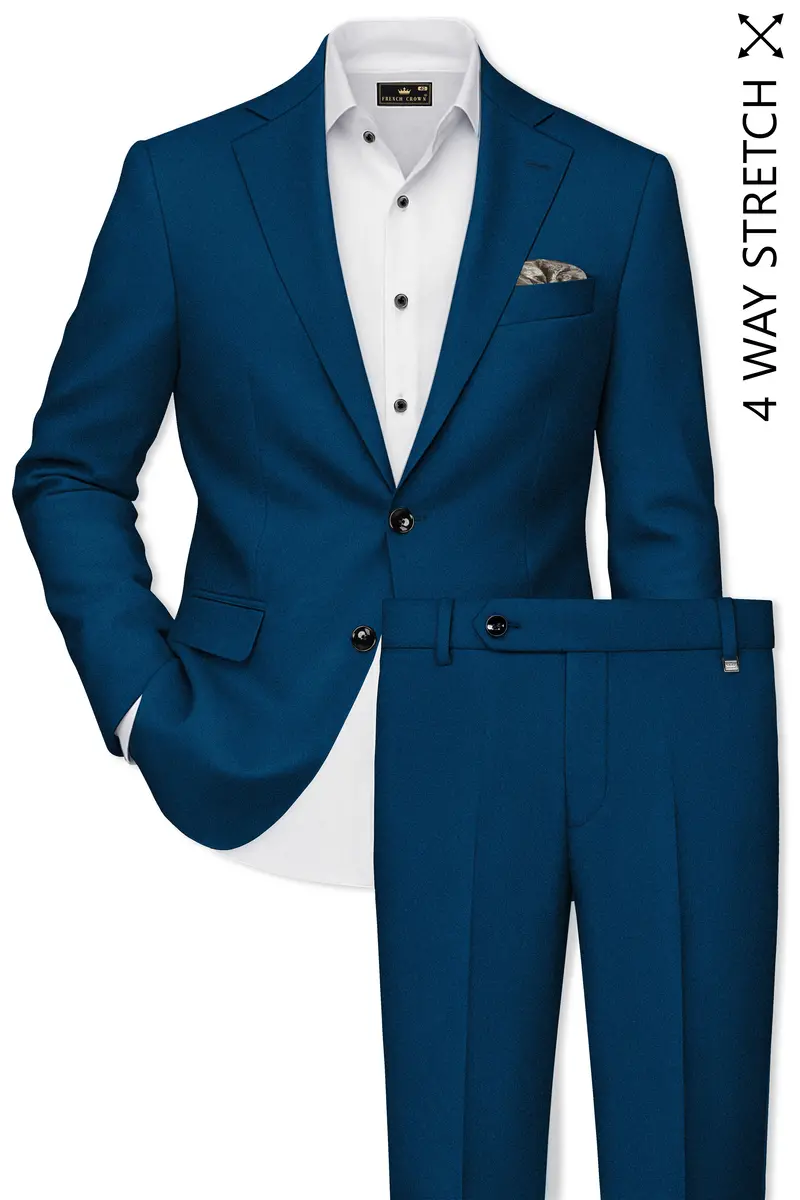 Aureblu-Korean Prussian Blue 4-Way Stretch Wrinkle-Free Wool Rich Single Breasted Suit 2