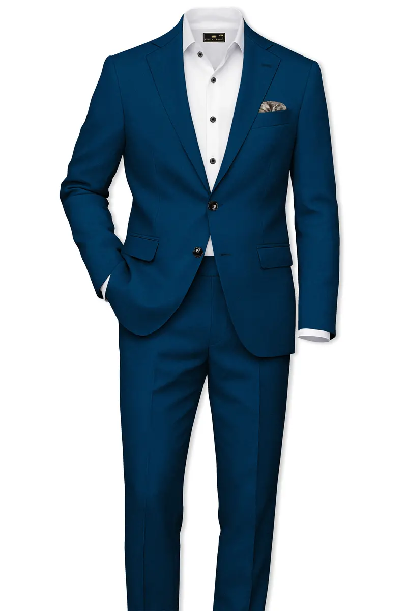 Aureblu-Korean Prussian Blue 4-Way Stretch Wrinkle-Free Wool Rich Single Breasted Suit 4
