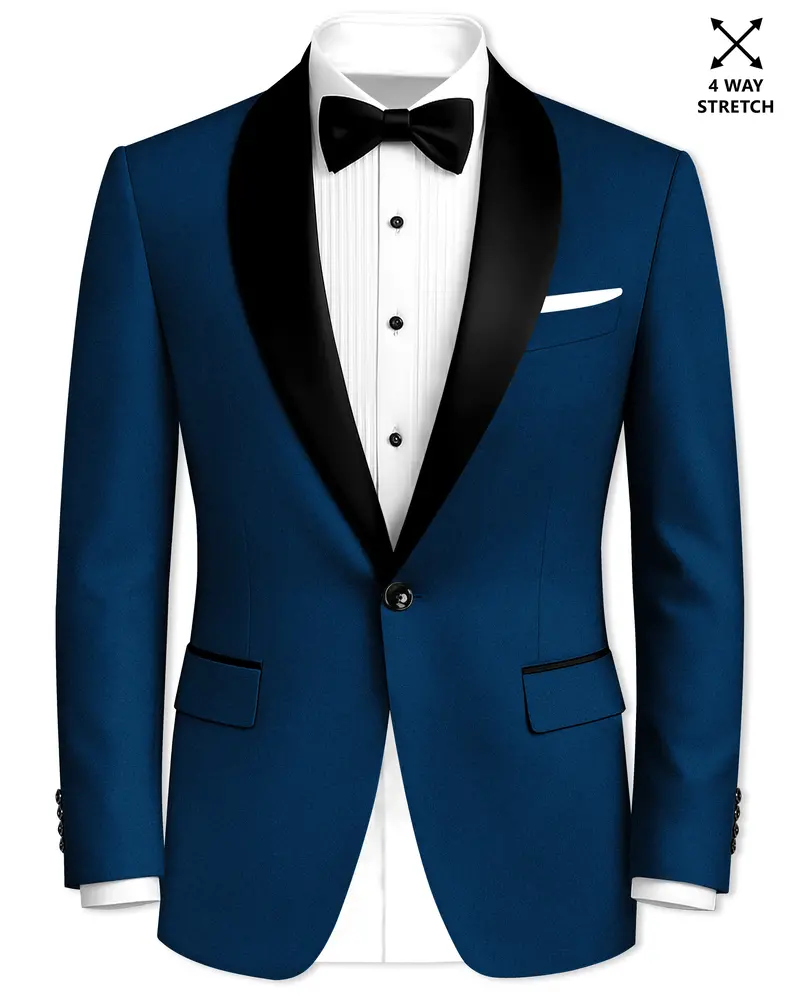 Aureblu-Korean Prussian Blue 4-Way Stretch Wrinkle-Free Wool Rich Tuxedo Blazer 1