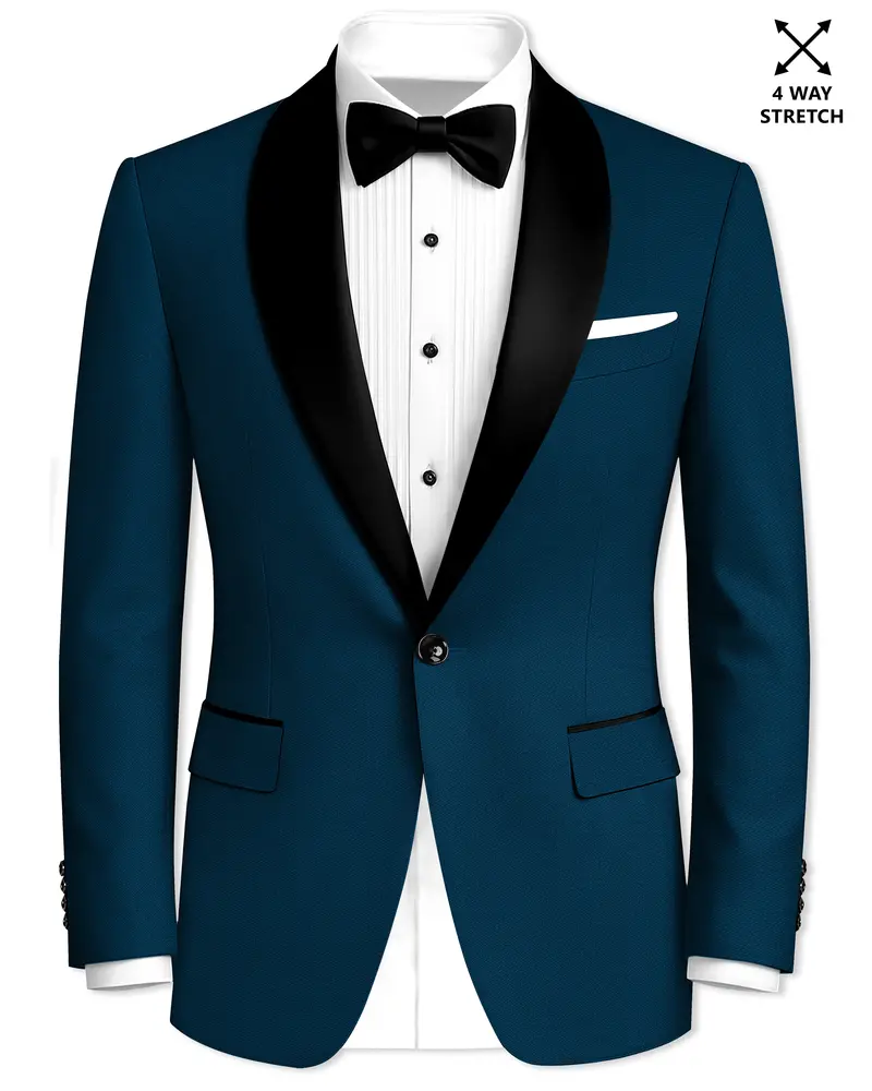 Aureblu-Korean Prussian Blue 4-Way Stretch Wrinkle-Free Wool Rich Tuxedo Blazer 1
