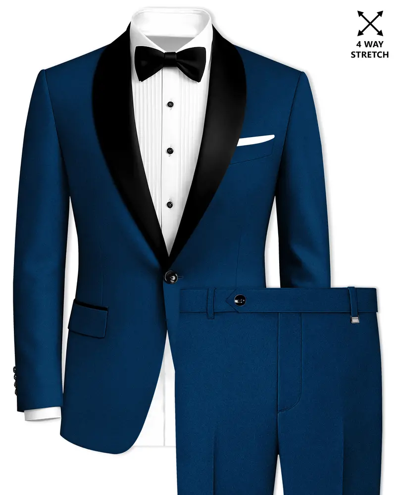Aureblu-Korean Prussian Blue 4-Way Stretch Wrinkle-Free Wool Rich Tuxedo Suit 1