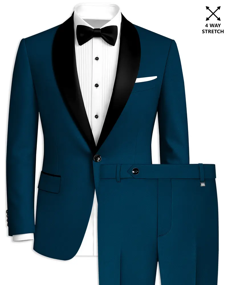 Aureblu-Korean Prussian Blue 4-Way Stretch Wrinkle-Free Wool Rich Tuxedo Suit 1