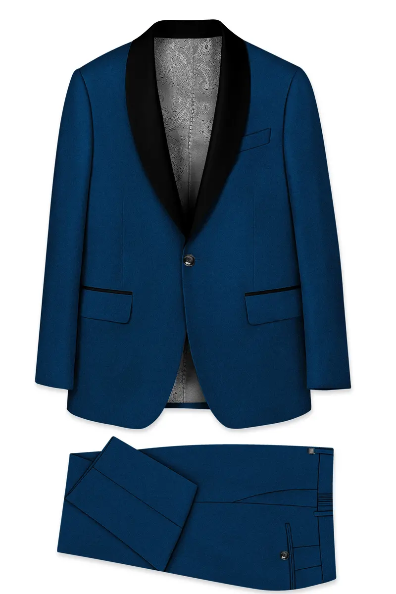 Aureblu-Korean Prussian Blue 4-Way Stretch Wrinkle-Free Wool Rich Tuxedo Suit 11