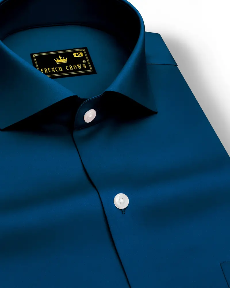 Aureblu-Prussian Blue Subtle Sheen Super Soft Premium Cotton Cut Away Collar Dress Shirt 1
