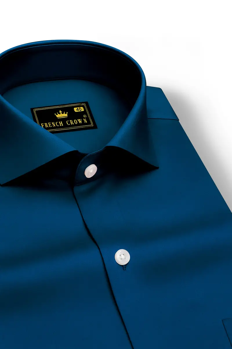 Aureblu-Prussian Blue Subtle Sheen Super Soft Premium Cotton Cut Away Collar Dress Shirt 2