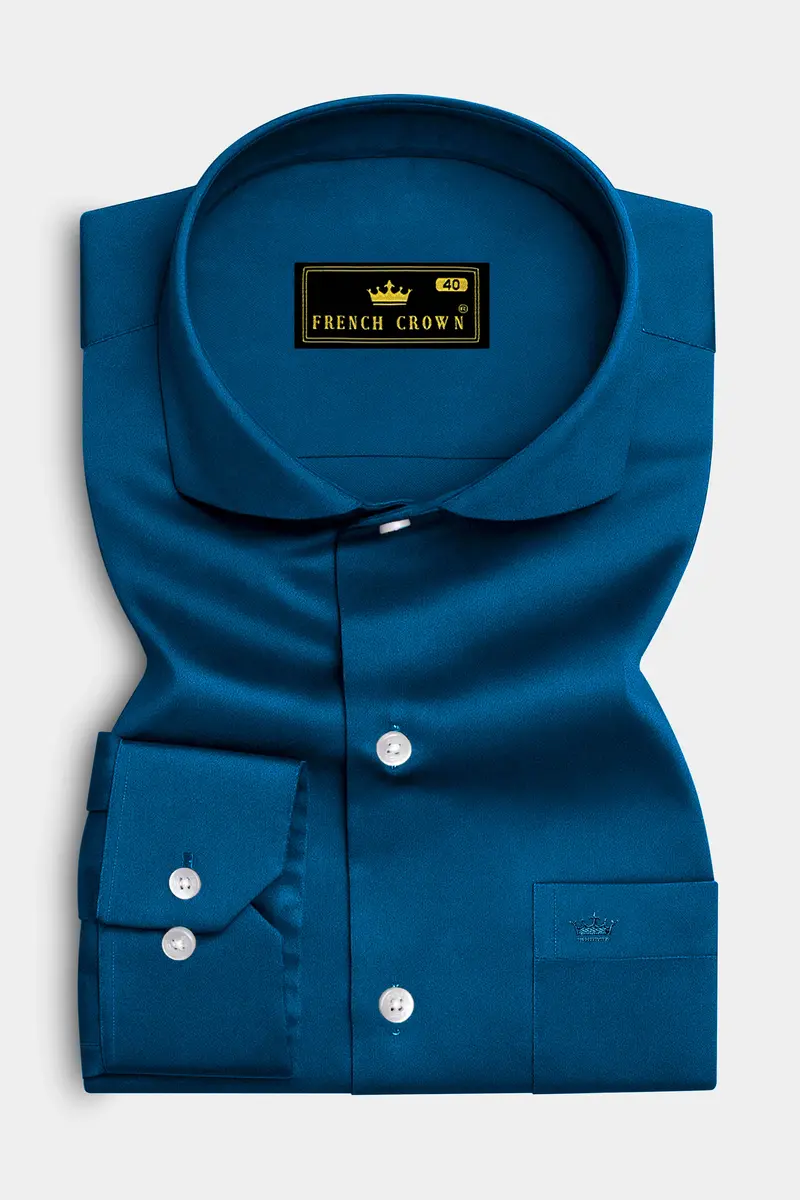 Aureblu-Prussian Blue Subtle Sheen Super Soft Premium Cotton Cut Away Collar Dress Shirt 4