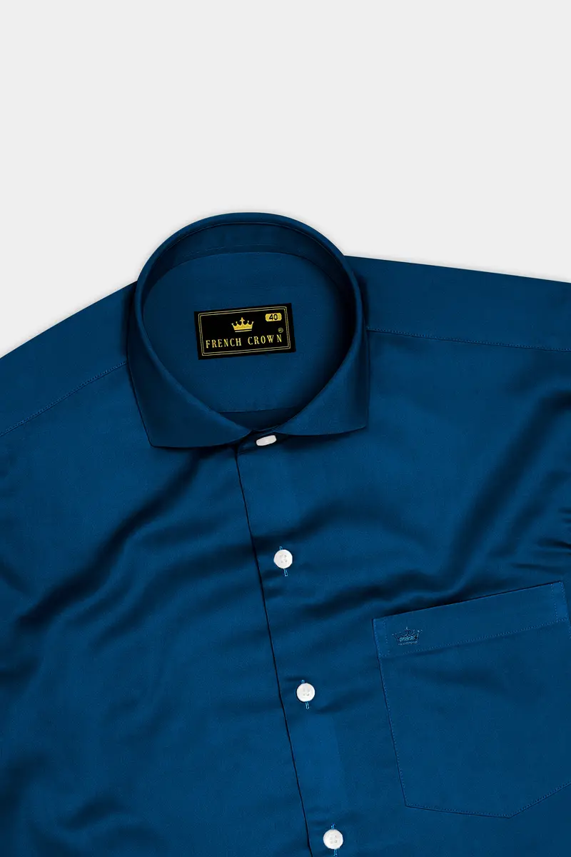 Aureblu-Prussian Blue Subtle Sheen Super Soft Premium Cotton Cut Away Collar Dress Shirt 5