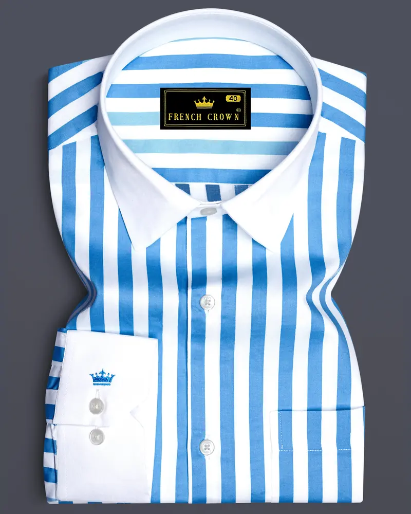 Aurecel-Celestial Blue And Bright White Awning Striped Super Soft Premium Cotton Dress White Cuff Collar Shirt 1