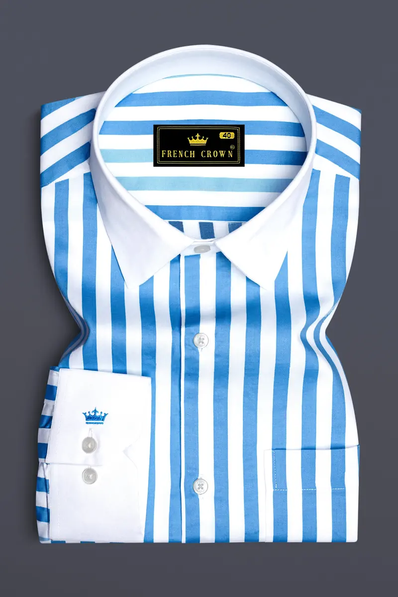 Aurecel-Celestial Blue And Bright White Awning Striped Super Soft Premium Cotton Dress White Cuff Collar Shirt 2