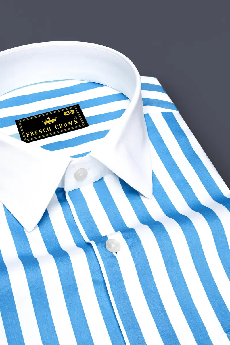 Aurecel-Celestial Blue And Bright White Awning Striped Super Soft Premium Cotton Dress White Cuff Collar Shirt 4