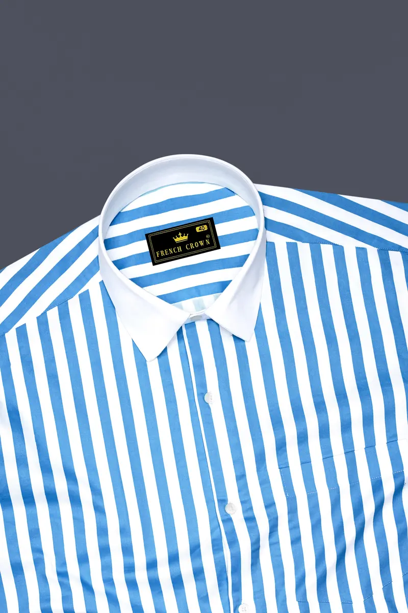 Aurecel-Celestial Blue And Bright White Awning Striped Super Soft Premium Cotton Dress White Cuff Collar Shirt 5