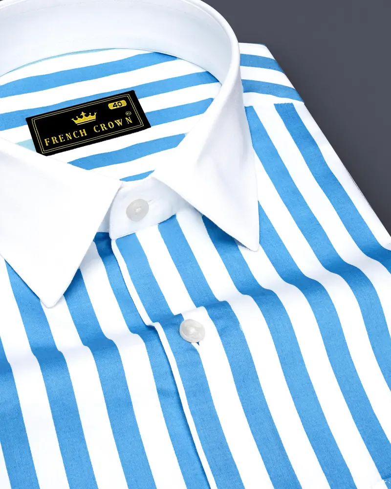 Aurecel-Celestial Blue And Bright White Awning Striped Super Soft Premium Cotton Dress White Cuff Collar Shirt 6