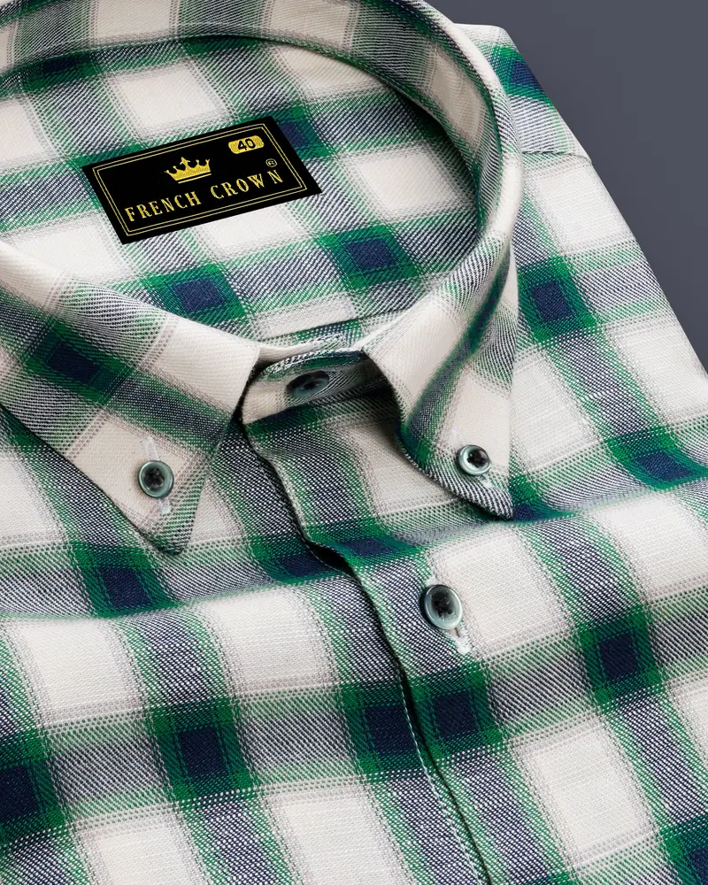 Aureglace Pariglacial Cream And Firefly Green Plaid Twill Premium Cotton Casual Shirt 1