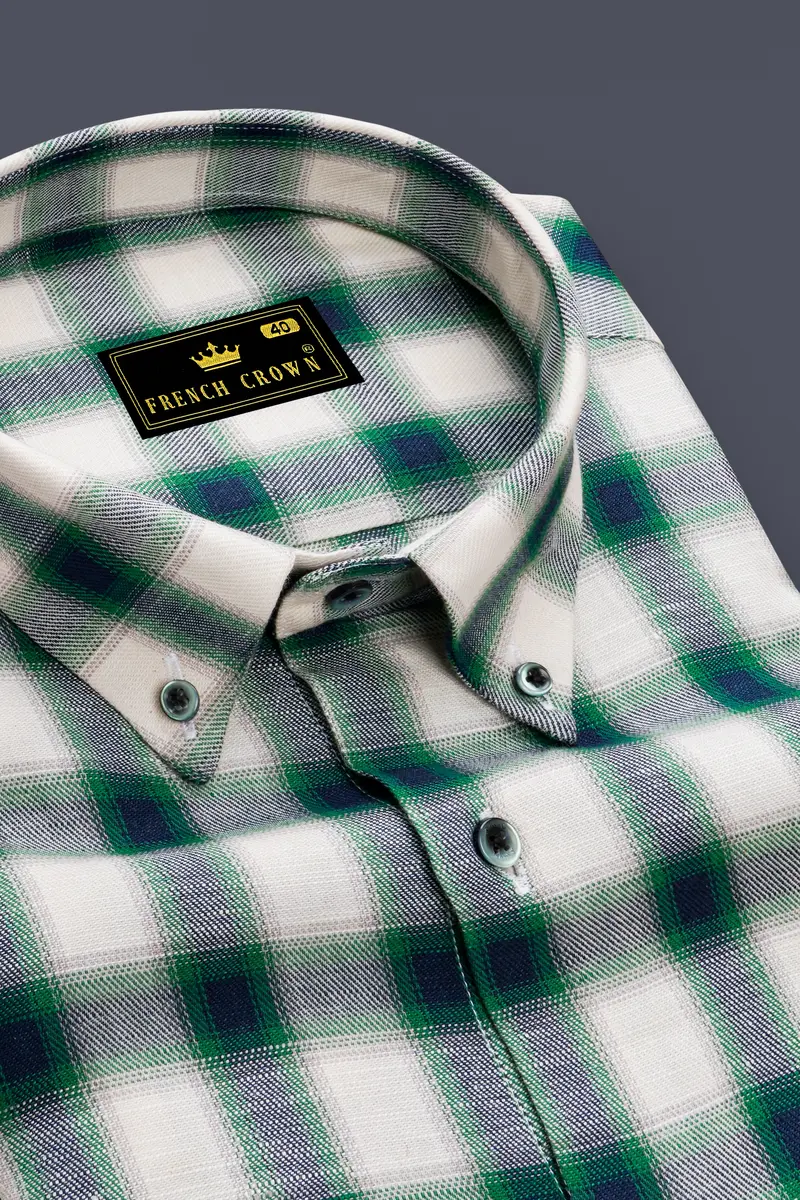 Aureglace Pariglacial Cream And Firefly Green Plaid Twill Premium Cotton Casual Shirt 2