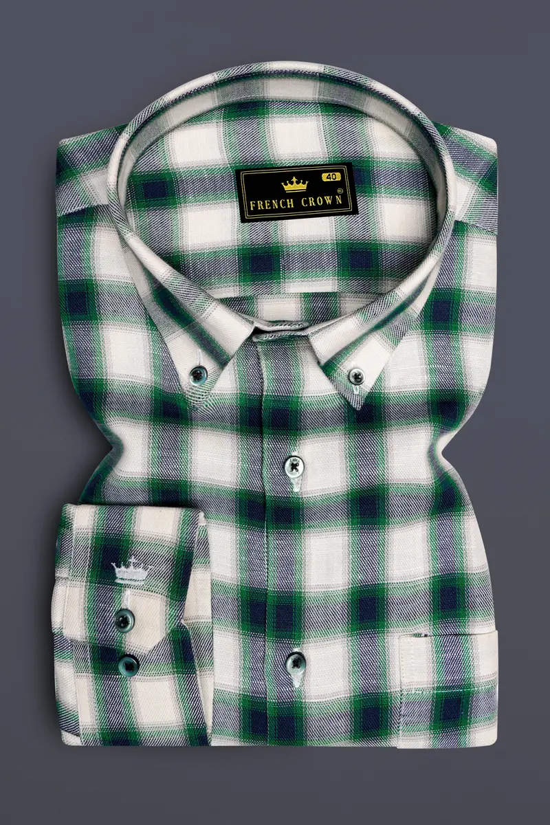 Aureglace Pariglacial Cream And Firefly Green Plaid Twill Premium Cotton Casual Shirt 4