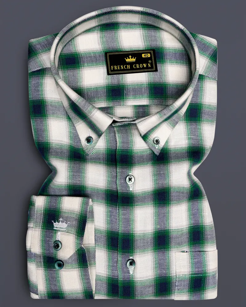 Aureglace Pariglacial Cream And Firefly Green Plaid Twill Premium Cotton Casual Shirt 6