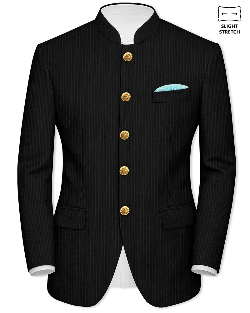 Aurejax-Jade Black Pencil Striped Wool Rich Bandhgala Slight Stretch Blazer 1
