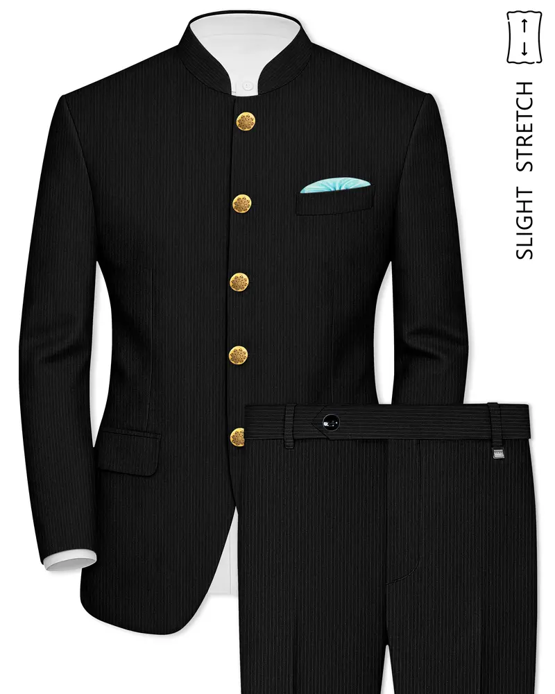 Aurejax-Jade Black Pencil Striped Wool Rich Bandhgala Slight Stretch Suit 1
