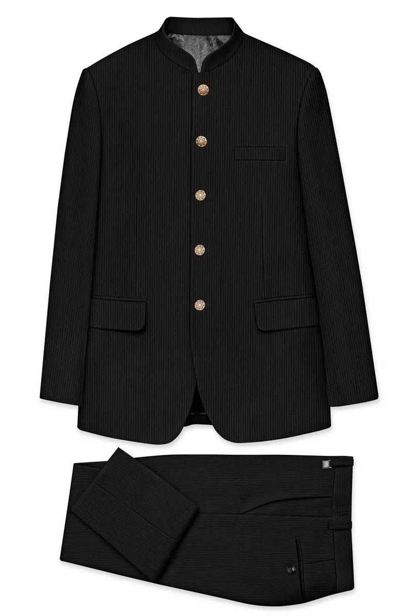 Aurejax-Jade Black Pencil Striped Wool Rich Bandhgala Slight Stretch Suit 10