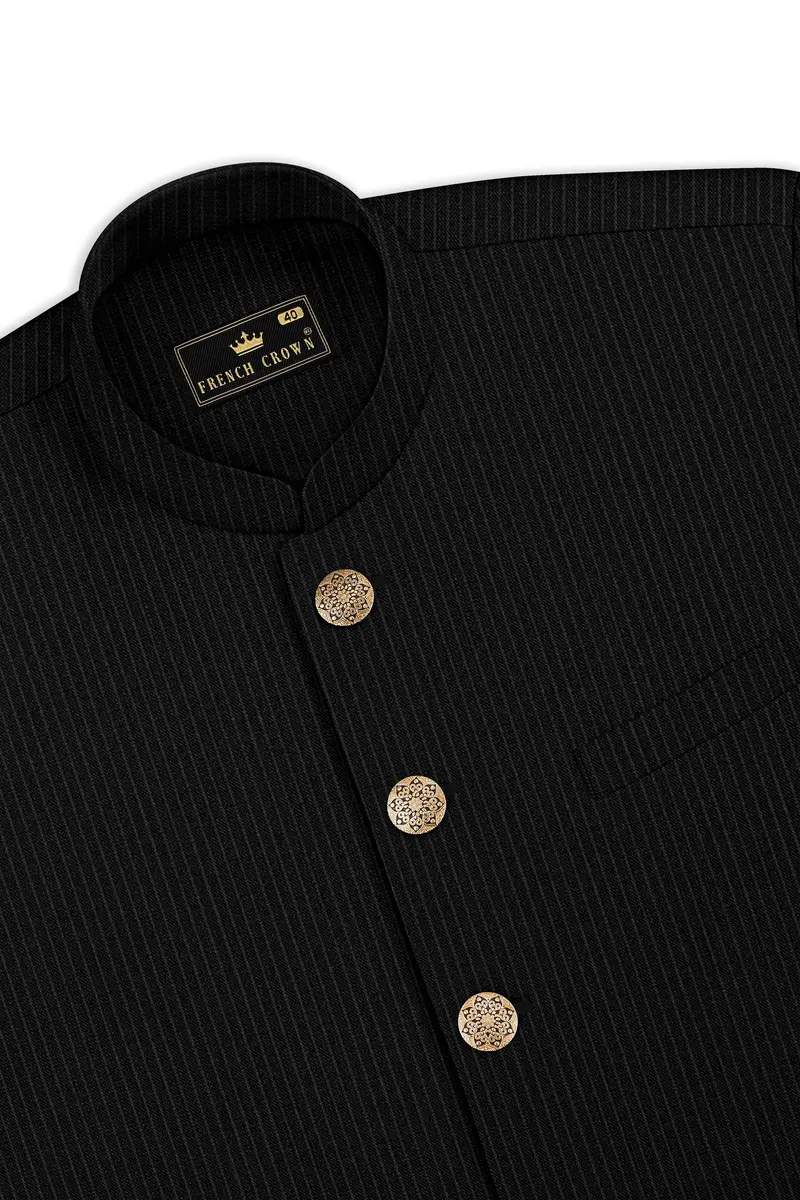 Aurejax-Jade Black Pencil Striped Wool Rich Bandhgala Slight Stretch Suit 17