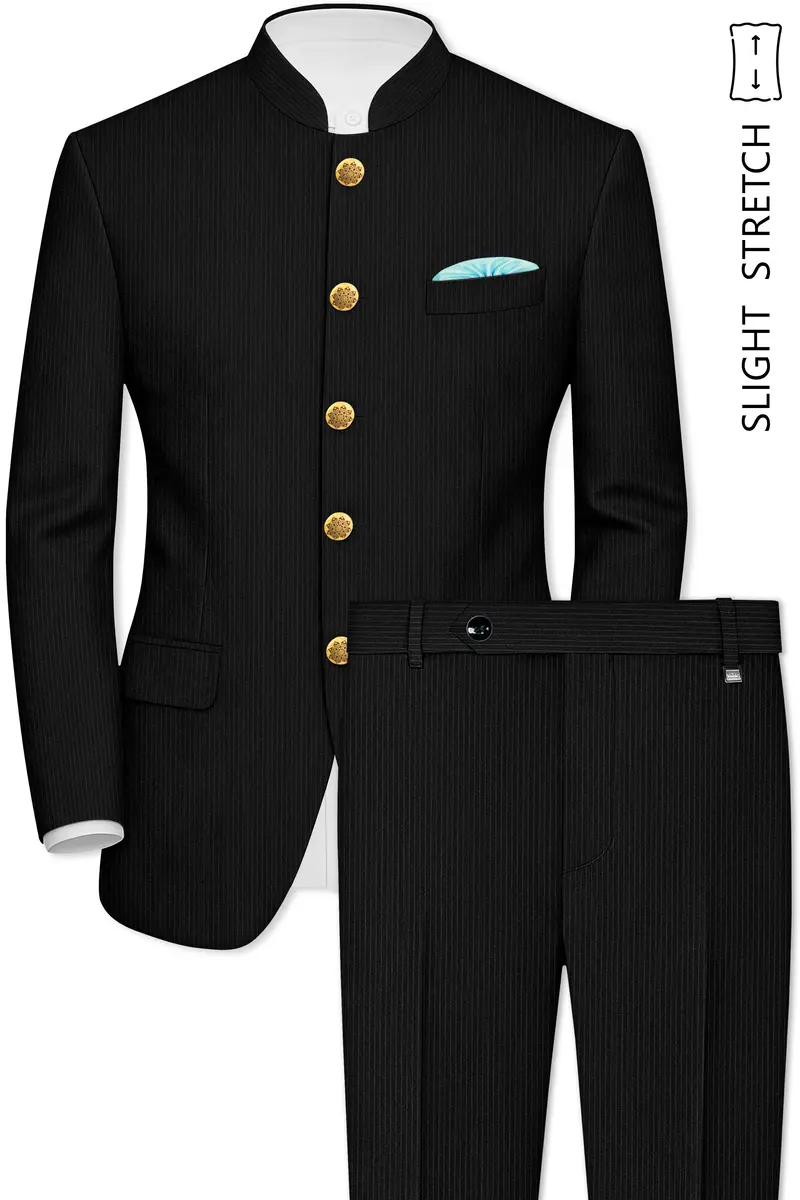 Aurejax-Jade Black Pencil Striped Wool Rich Bandhgala Slight Stretch Suit 2