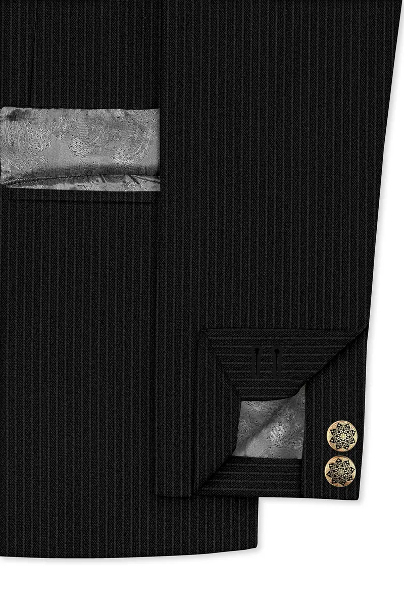 Aurejax-Jade Black Pencil Striped Wool Rich Bandhgala Slight Stretch Suit 6