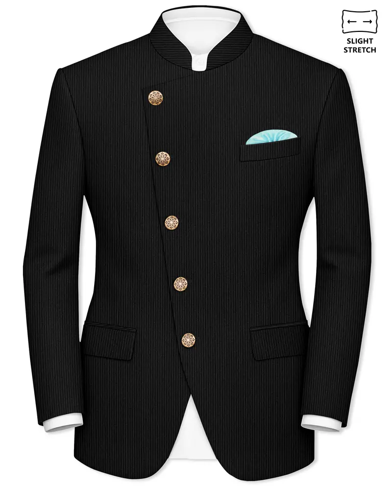 Aurejax-Jade Black Pencil Striped Wool Rich Slight Stretch Cross Placket Bandhgala Blazer 1