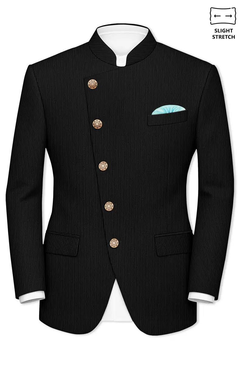 Aurejax-Jade Black Pencil Striped Wool Rich Slight Stretch Cross Placket Bandhgala Blazer 2
