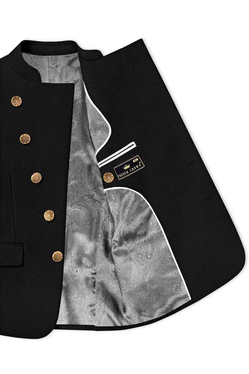 Aurejax-Jade Black Pencil Striped Wool Rich Slight Stretch Cross Placket Bandhgala Blazer 4