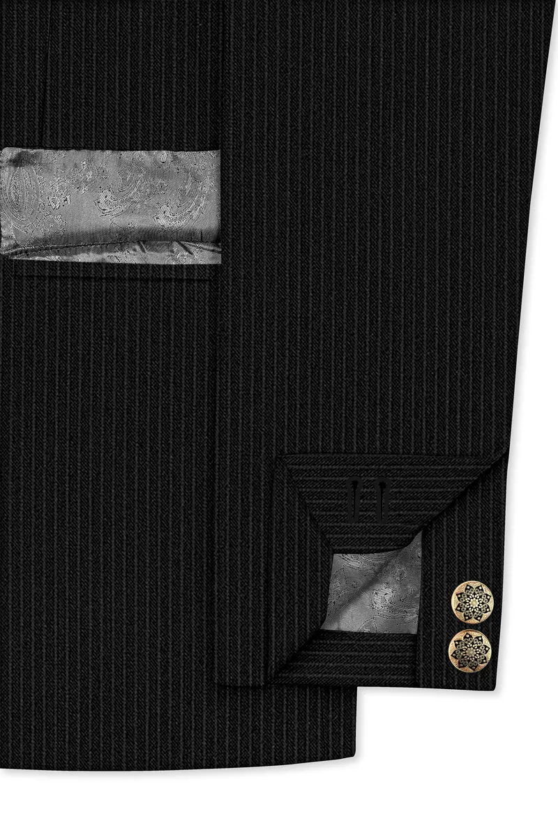 Aurejax-Jade Black Pencil Striped Wool Rich Slight Stretch Cross Placket Bandhgala Blazer 5