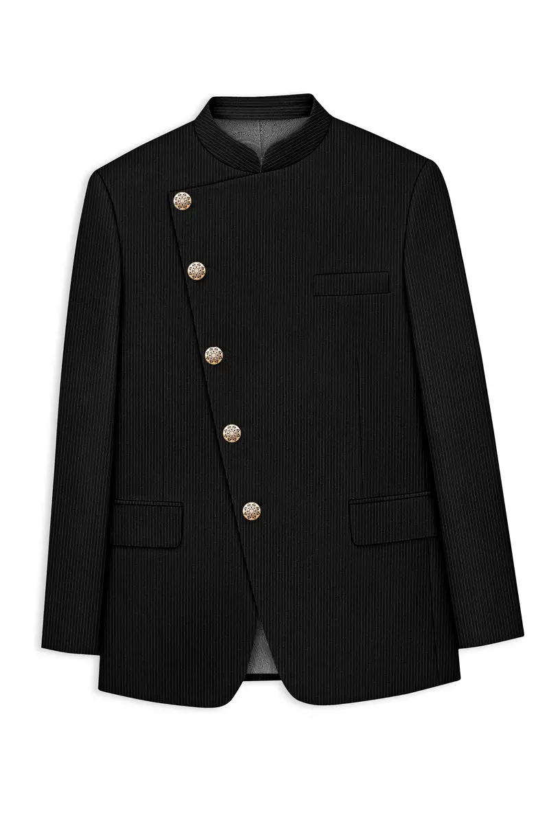 Aurejax-Jade Black Pencil Striped Wool Rich Slight Stretch Cross Placket Bandhgala Blazer 6