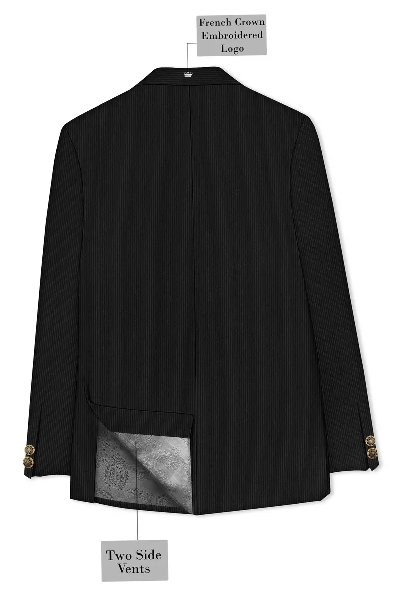 Aurejax-Jade Black Pencil Striped Wool Rich Slight Stretch Cross Placket Bandhgala Blazer 7